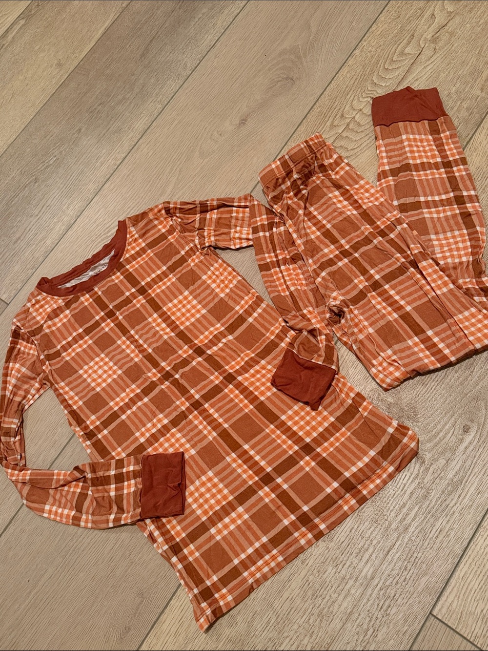 Cozy Orange Plaid Kids Pajama Set — Long Sleeve Top & Pants